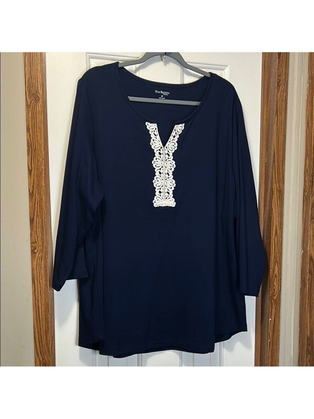 Kim Rogers Navy Tunic with White Lace Detail NWOT
